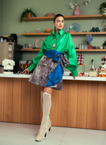 Load image into Gallery viewer, AN EMERALD GREEN TAFETTA SHIRT PAIRED WITH AN ANIMAL PRINT LEATHER OVERLAP SKIRT