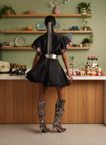 Load image into Gallery viewer, BLACK TAFFETA FLARED DRESS WITH A SWAROVSKI NECKLINE