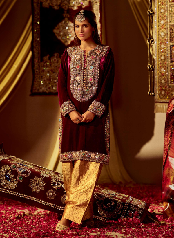 Burgundy Velvet Kurta Set