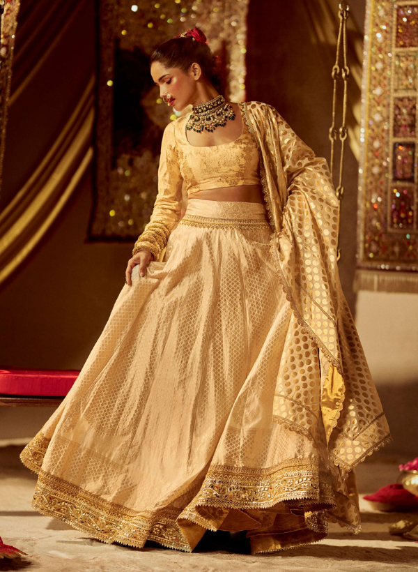 Gold Banarasi & Chanderi Lehenga Set