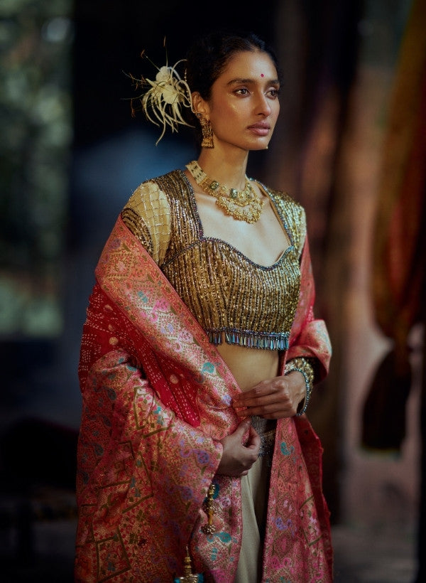 Beige Chanderi Lehenga Set