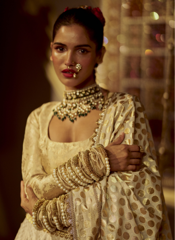 Gold Banarasi & Chanderi Lehenga Set