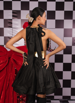 Load image into Gallery viewer, BLACK SLEEVELESS FLARED DRESS EMBELLISHED WITH SWAROVSKI & WOODEN BEJEWELED NECKLINE