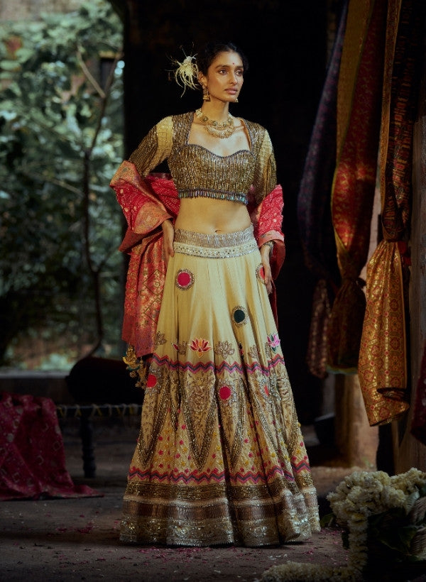 Beige Chanderi Lehenga Set
