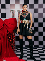 Load image into Gallery viewer, BLACK SLEEVELESS FLARED DRESS EMBELLISHED WITH SWAROVSKI & WOODEN BEJEWELED NECKLINE