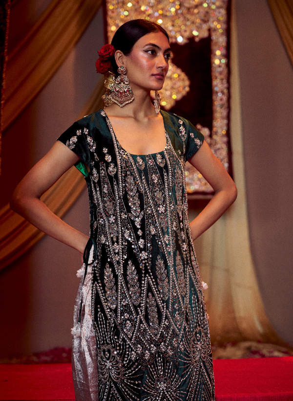 Emerald Green Embellished Velvet Kurta Set