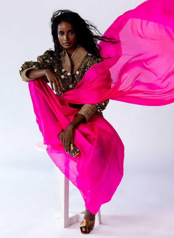 Parrot Green Blousan & Hot Pink Saree