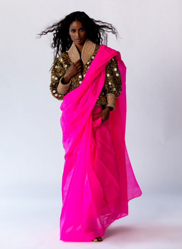 Parrot Green Blousan & Hot Pink Saree