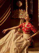 Load image into Gallery viewer, Red Beaded Top With Gold Banarasi Lehenga