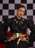 Load image into Gallery viewer, FULL SLEEVES BLACK TAFFETA FLARED DRESS WITH A SWAROVSKI EMBELLISHED HORN NECKLINE