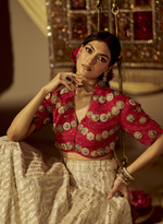 Load image into Gallery viewer, Red Beaded Top With Gold Banarasi Lehenga