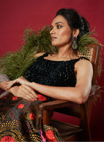 Load image into Gallery viewer, Black & Orange Double Layered Jacquard Lehenga Set