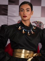 Load image into Gallery viewer, FULL SLEEVES BLACK TAFFETA FLARED DRESS WITH A SWAROVSKI EMBELLISHED HORN NECKLINE