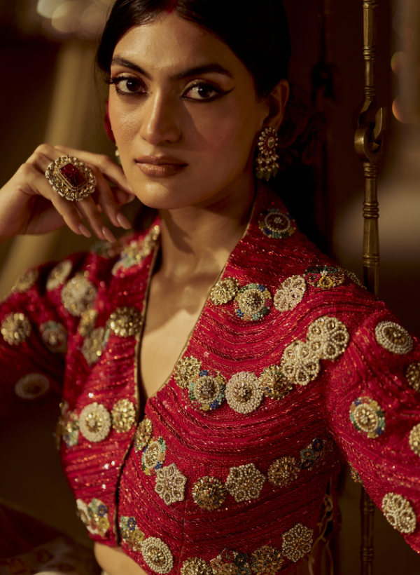 Red Beaded Top With Gold Banarasi Lehenga