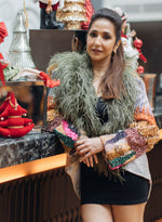 Load image into Gallery viewer, Silver Embellished Statement Open Jacket With Olive Green Feathers