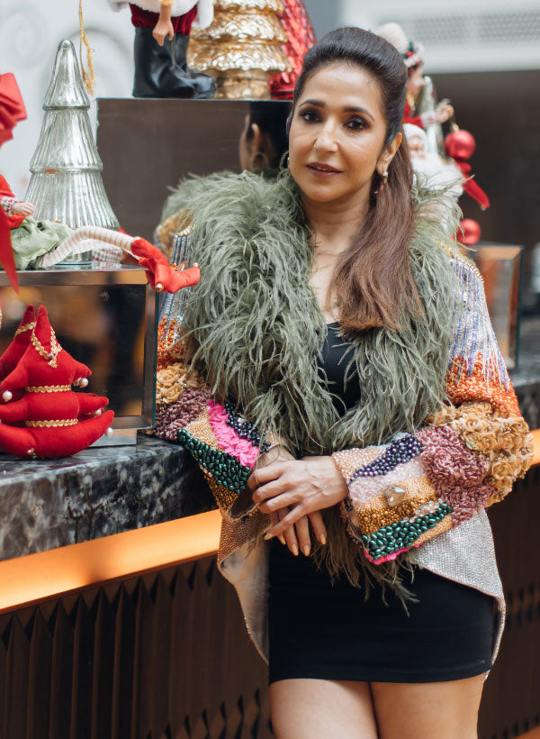 Silver Embellished Statement Open Jacket With Olive Green Feathers