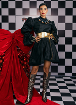 Load image into Gallery viewer, FULL SLEEVES BLACK TAFFETA FLARED DRESS WITH A SWAROVSKI EMBELLISHED HORN NECKLINE