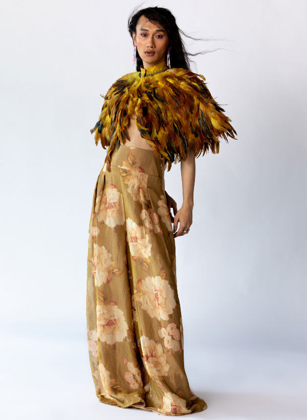 Dusty Yellow Ochre and Brown Feather Cape & Palazzo