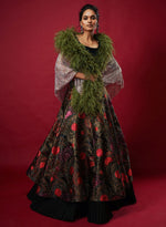 Load image into Gallery viewer, Black & Orange Double Layered Jacquard Lehenga Set