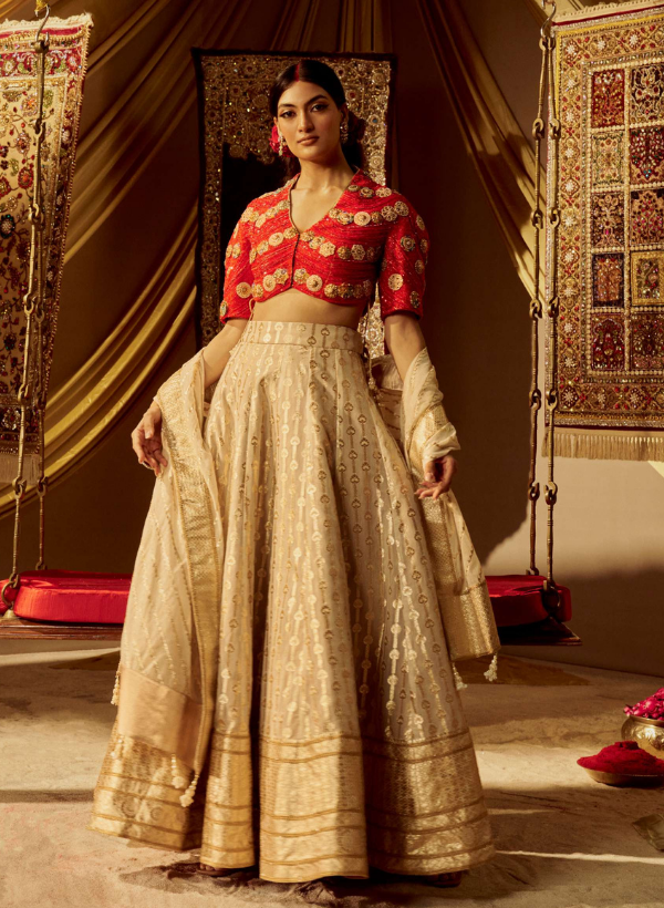 Red Beaded Top With Gold Banarasi Lehenga