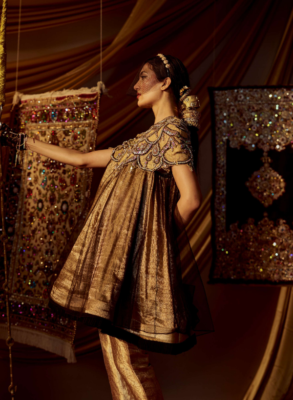 Black & Gold Flared Banarasi Kurta Set