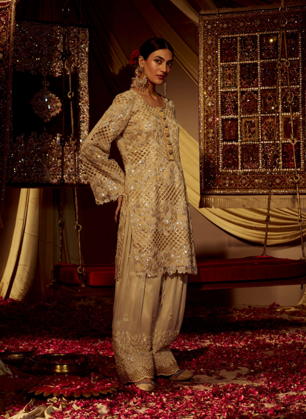 Cream Cutwork Sequined Kurta Set