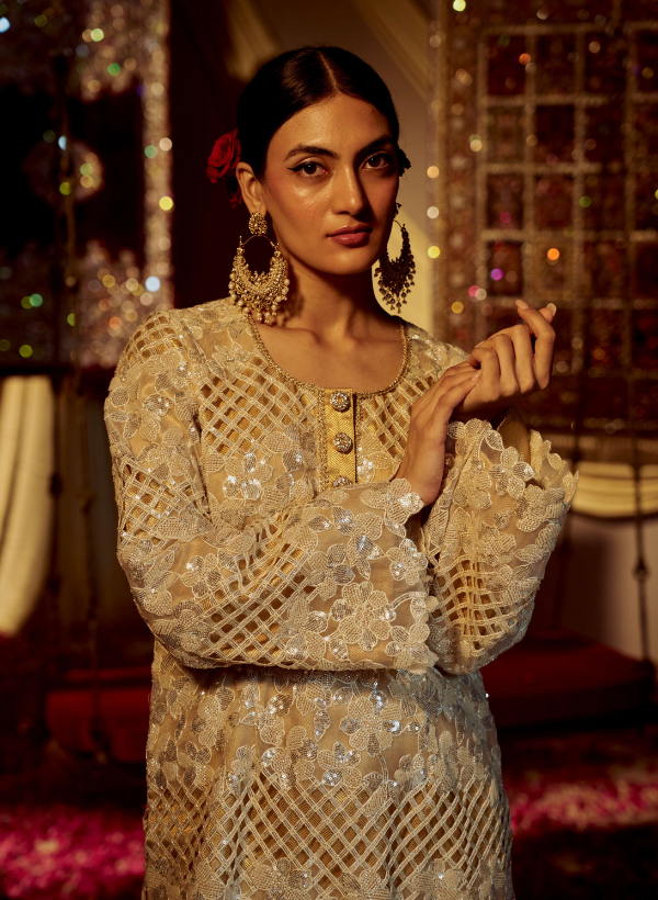 Cream Cutwork Sequined Kurta Set