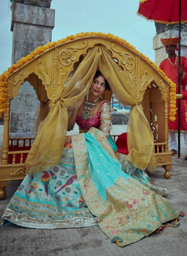 Turquoise Brocade Silk Lehenga Set