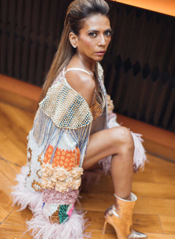 Silver Embellished Statement Open Jacket With Salmon Pink Feathers