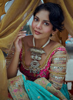 Load image into Gallery viewer, Turquoise Brocade Silk Lehenga Set