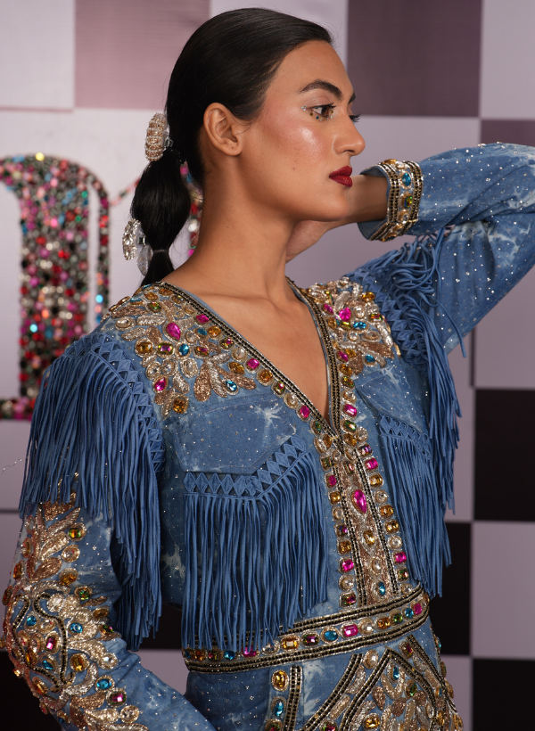 SWAROVSKI EMBELLISHED DENIM DRESS WITH TASSELS – Maheka Mirpuri