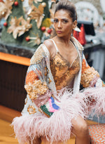 Load image into Gallery viewer, Silver Embellished Statement Open Jacket With Salmon Pink Feathers