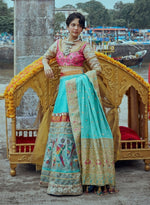 Load image into Gallery viewer, Turquoise Brocade Silk Lehenga Set
