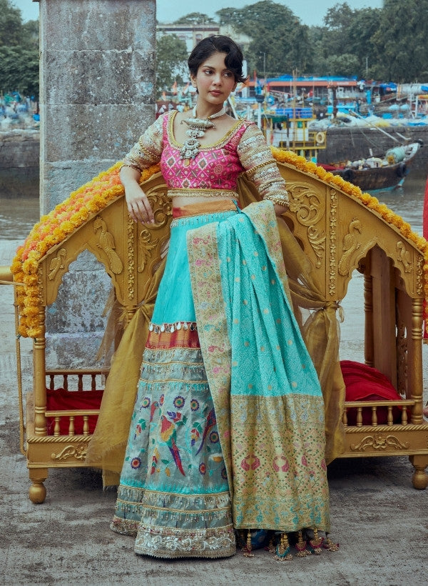 Turquoise Brocade Silk Lehenga Set