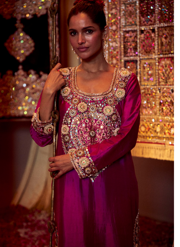 Deep Pink Embellished Banarasi Kurta Set