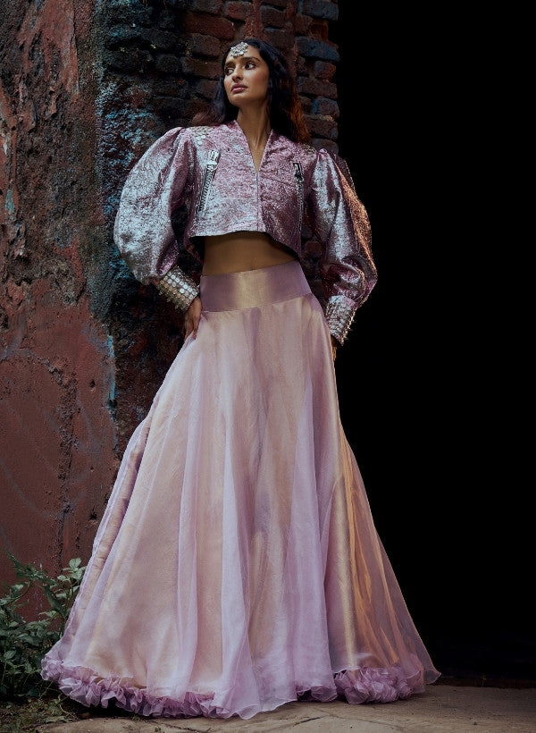 Metallic Pink Organza Flared Voluminous Skirt