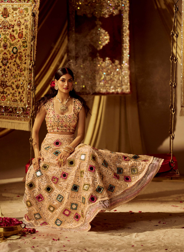Cream Mirror Work Lehenga Set