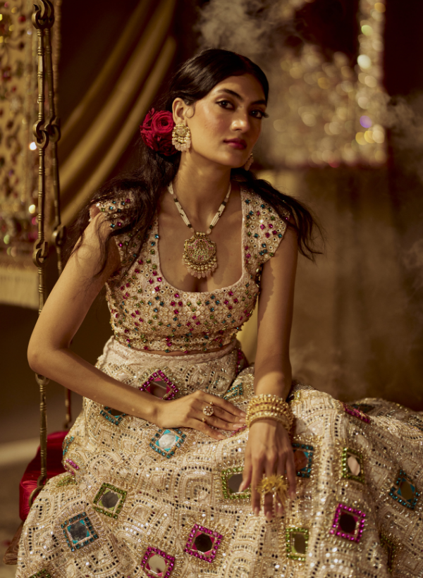Cream Mirror Work Lehenga Set