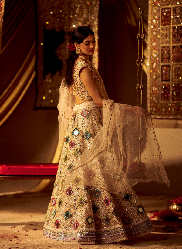 Cream Mirror Work Lehenga Set