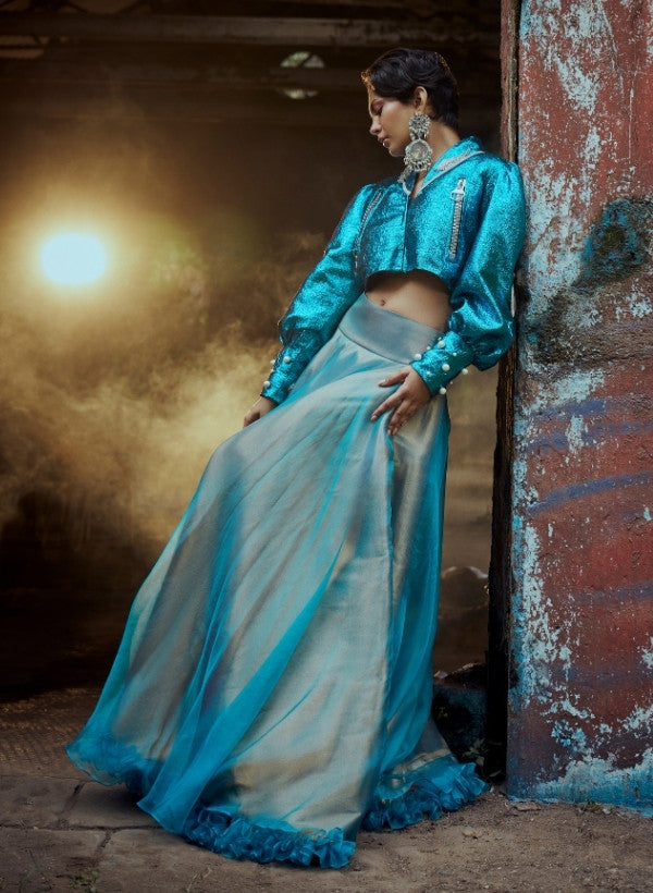 Metallic Turquoise Organza Flared Voluminous Skirt