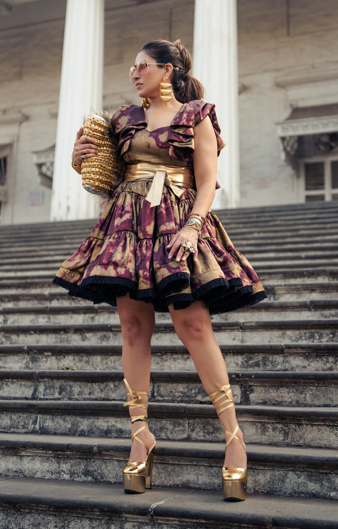 BURGUNDY VOLUMNIOUS RUFFLED FROCK DRESS
