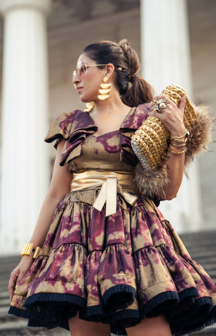 BURGUNDY VOLUMNIOUS RUFFLED FROCK DRESS