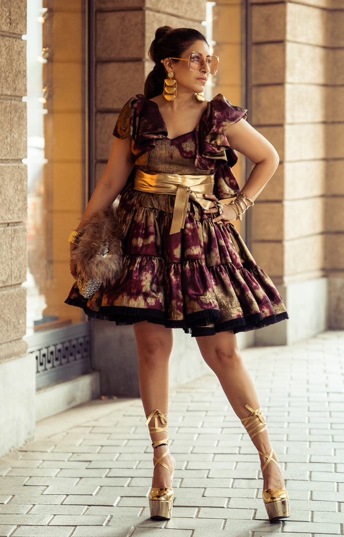 BURGUNDY VOLUMNIOUS RUFFLED FROCK DRESS