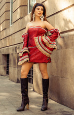 Load image into Gallery viewer, METALLIC RED OFF-SHOULDER DRESS