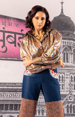 Load image into Gallery viewer, METALLIC BALLOONED CROP SHIRT