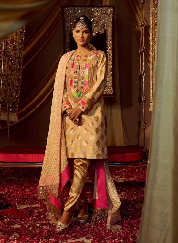 Cream Embellished Banarasi Silk & Chanderi Kurta Set