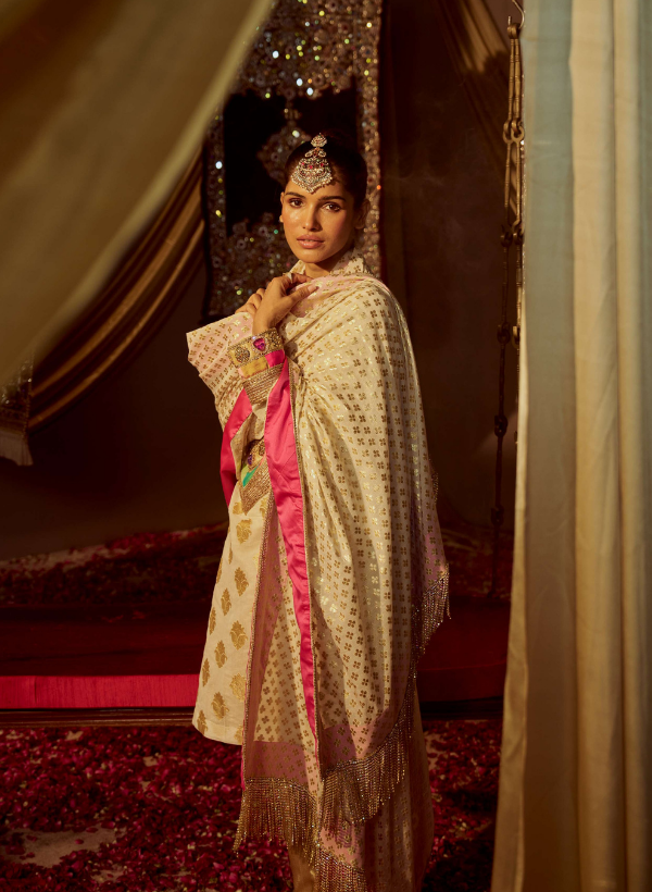 Cream Embellished Banarasi Silk & Chanderi Kurta Set