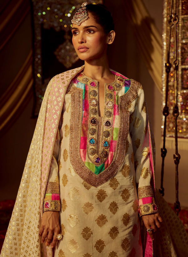 Cream Embellished Banarasi Silk & Chanderi Kurta Set