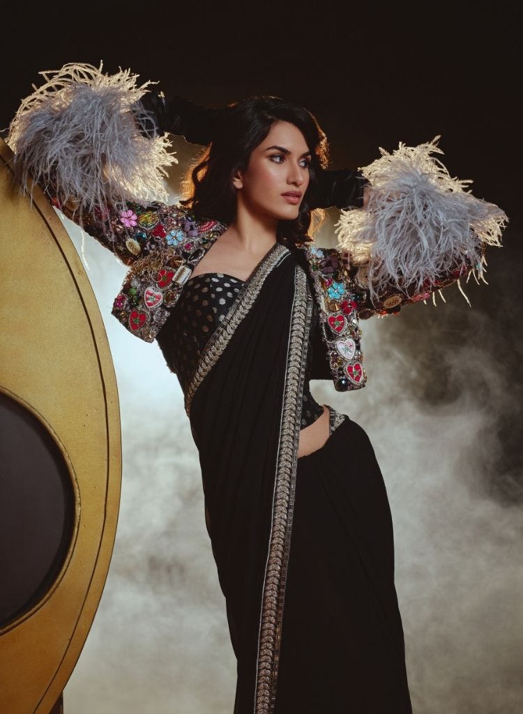 Black Brocade Corset & Embellished Jacket with Sari – Sari