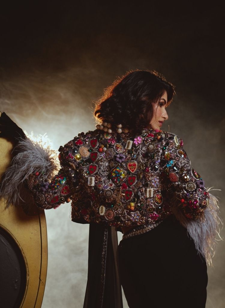 Black Brocade Corset & Embellished Jacket with Sari – Sari